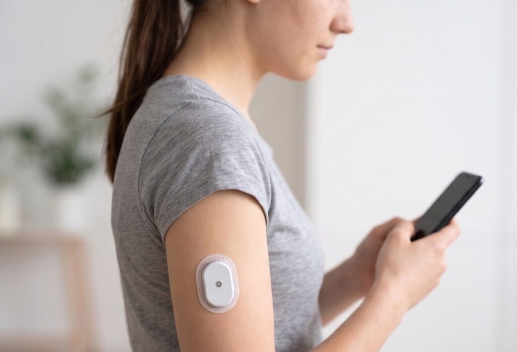 Person wearing a continuous glucose monitor while using a smartphone